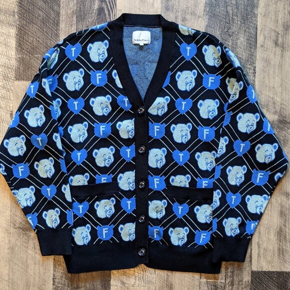 Teddy Fresh Logo Cardigan Sweater Black Blue Cotton Large - Picture 2 of 8